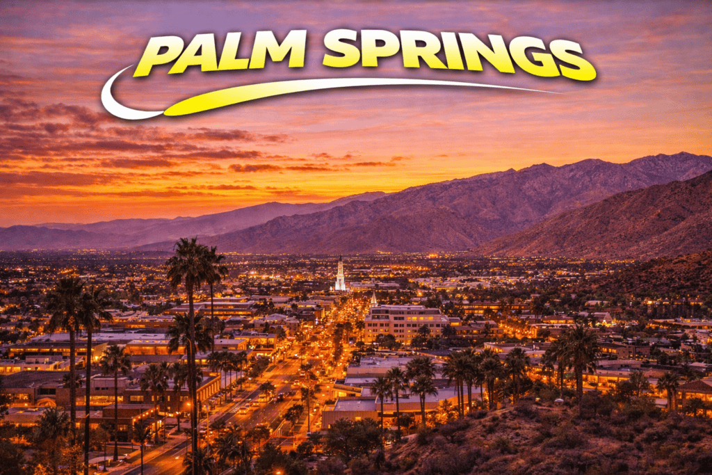 Palm Springs skyline at sunset with palm trees and desert mountains for cheap flights travel page