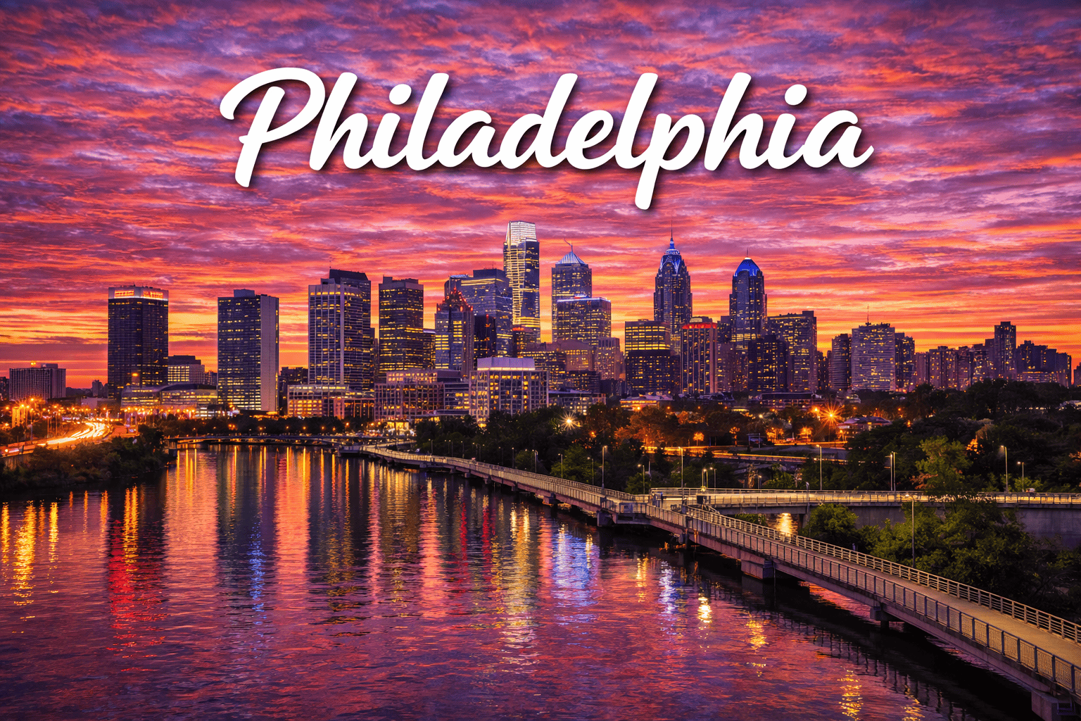 Philadelphia Pennsylvania skyline at sunset destination banner for cheap flights to Philadelphia