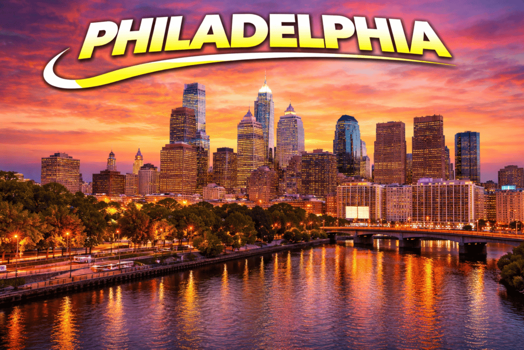 Skyline of Philadelphia at sunset with golden sky and city lights for cheap flights travel page