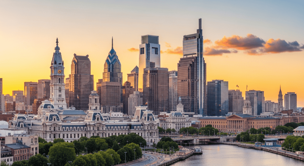 Philadelphia skyline with historic architecture travel photo for cheap flights guide