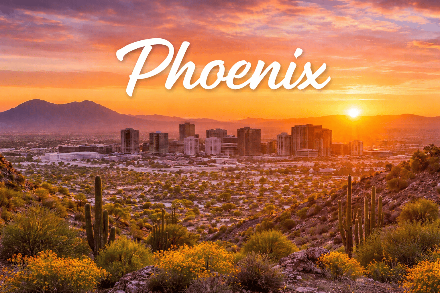 Phoenix Arizona skyline at sunset destination banner for cheap flights to Phoenix
