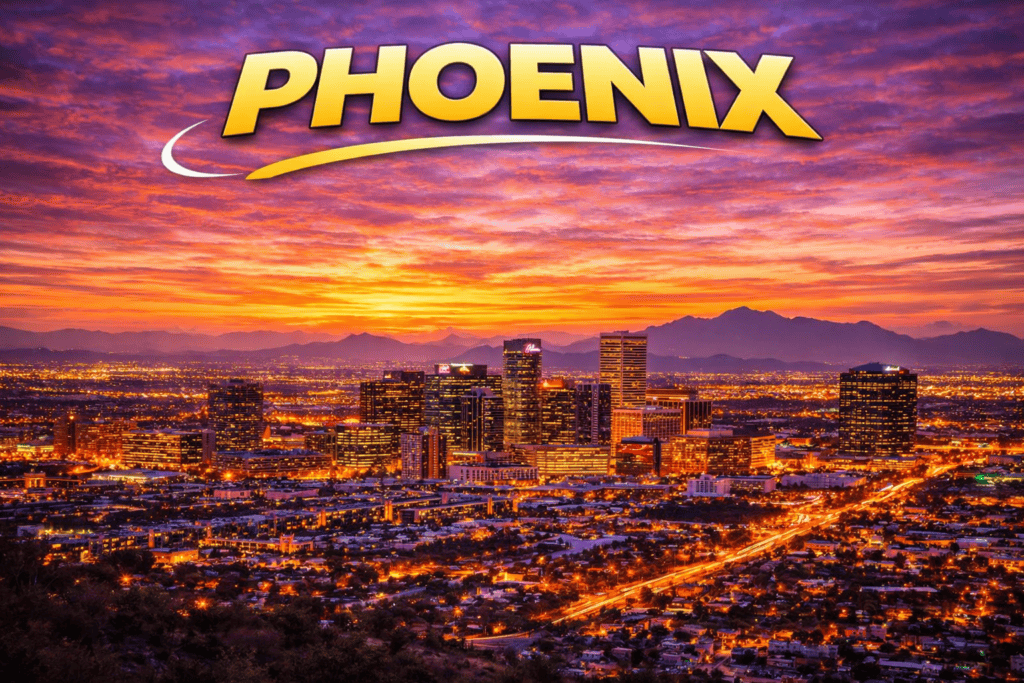 Skyline of Phoenix at sunset with desert mountains and golden sky for cheap flights travel page