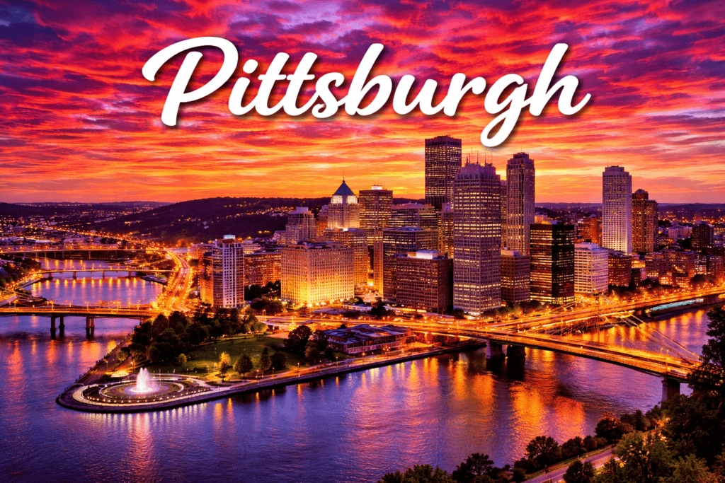 Pittsburgh Pennsylvania skyline with bridges and rivers at sunset