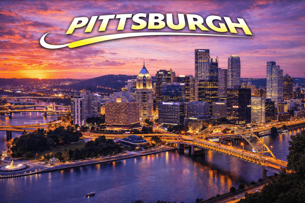 Pittsburgh skyline with bridges at sunset and golden sky for cheap flights travel page