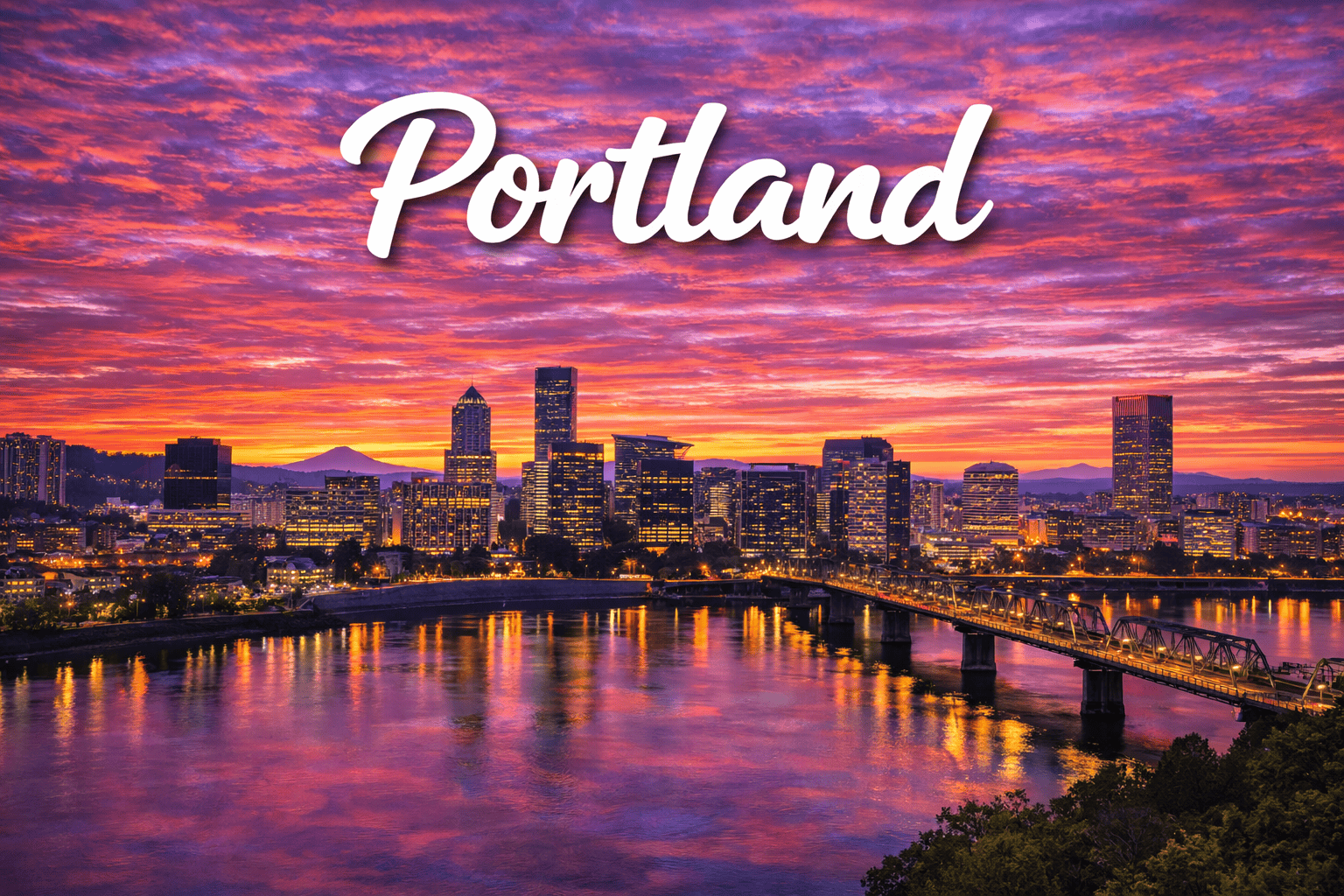 Portland Oregon skyline and Willamette River at sunset destination banner for cheap flights to Portland