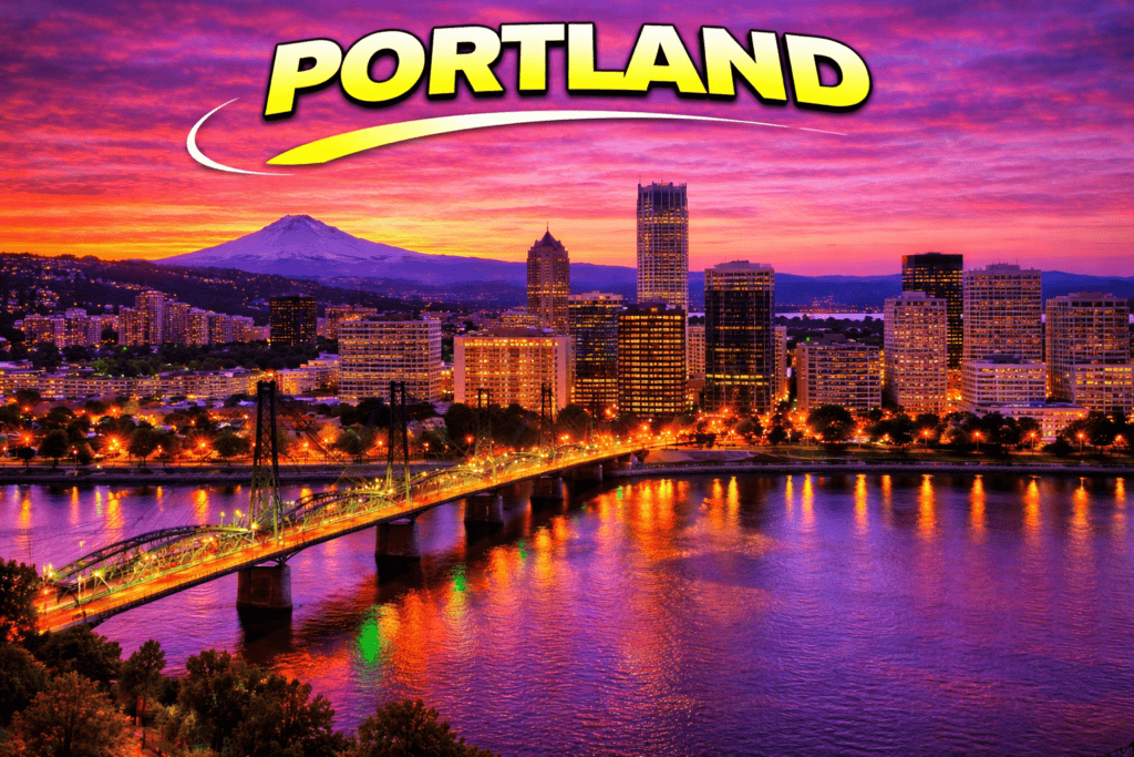 Skyline of Portland at sunset with river and golden sky for cheap flights travel page