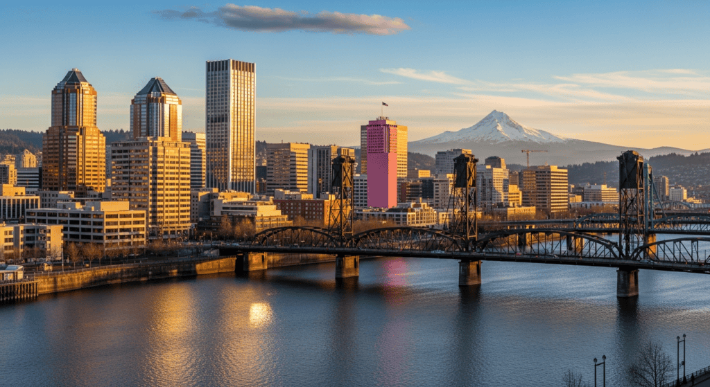 Portland Oregon skyline with Mount Hood travel photo for cheap flights guide