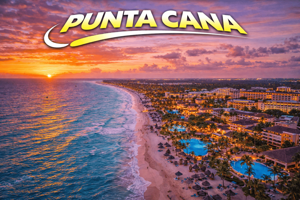 Punta Cana beach resorts at sunset with turquoise water and golden sky for cheap flights travel page
