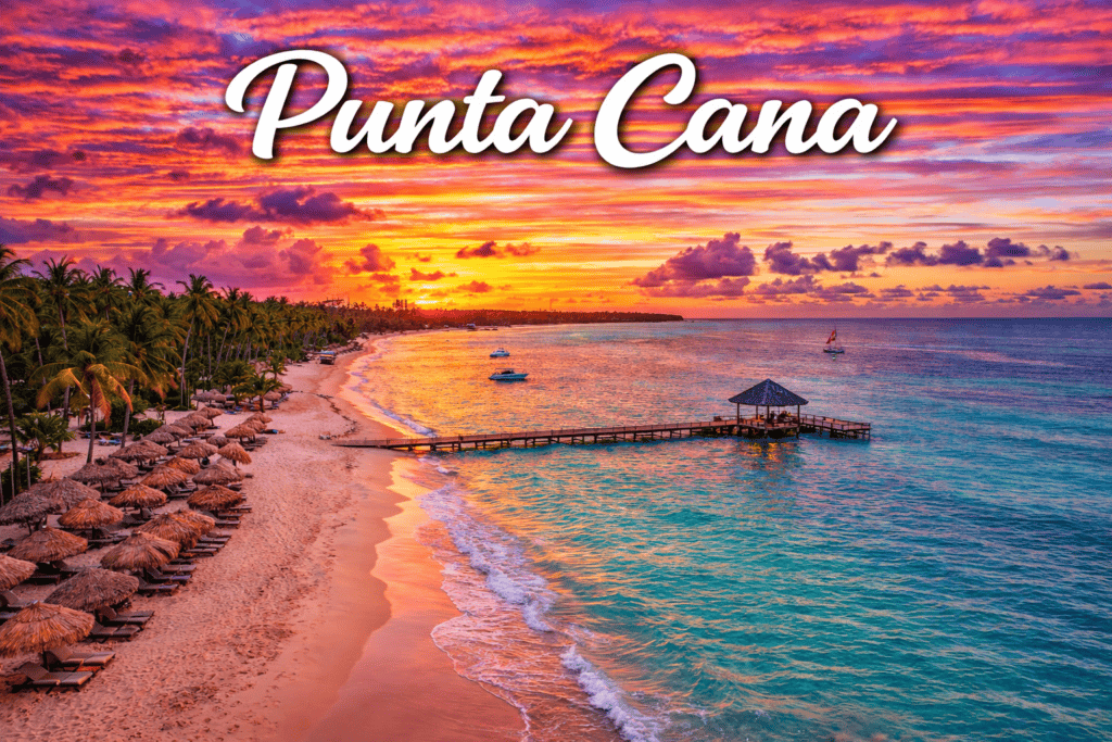 Punta Cana Dominican Republic beach resort with turquoise water at sunset