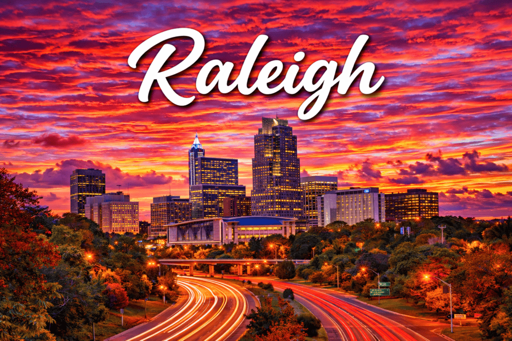 Raleigh North Carolina skyline at sunset with city lights and skyline view