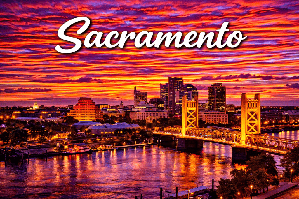 Sacramento California riverfront skyline at sunset with historic buildings