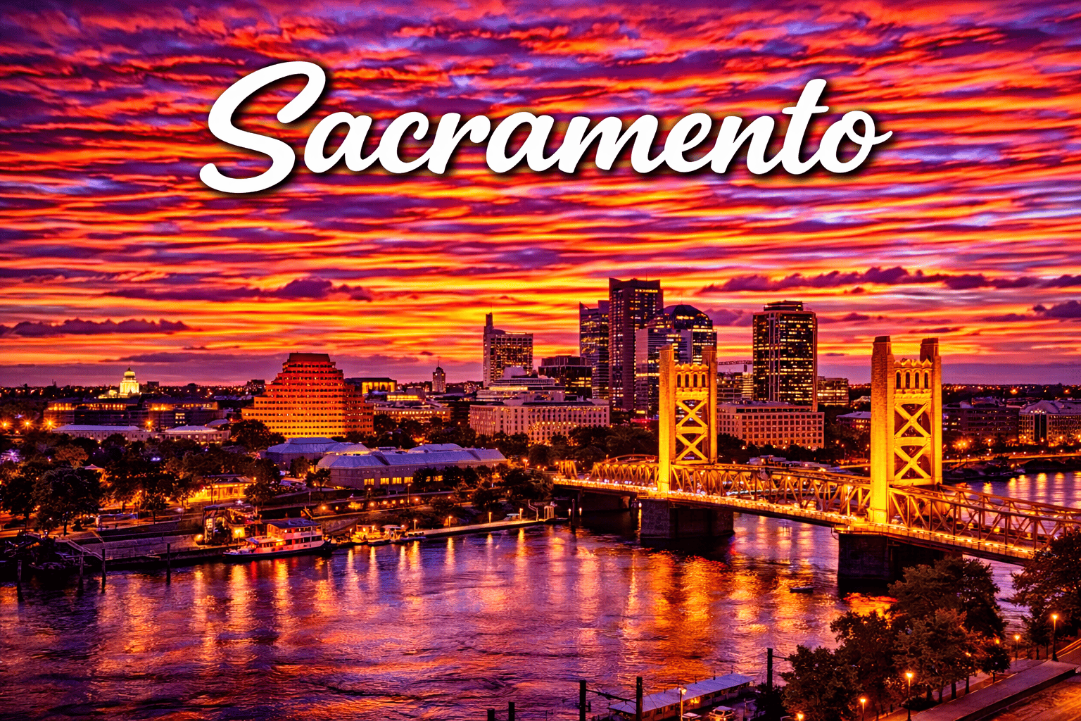 Sacramento California riverfront skyline at sunset with historic buildings