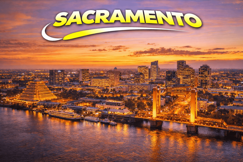 Skyline of Sacramento at sunset with river and golden sky for cheap flights travel page