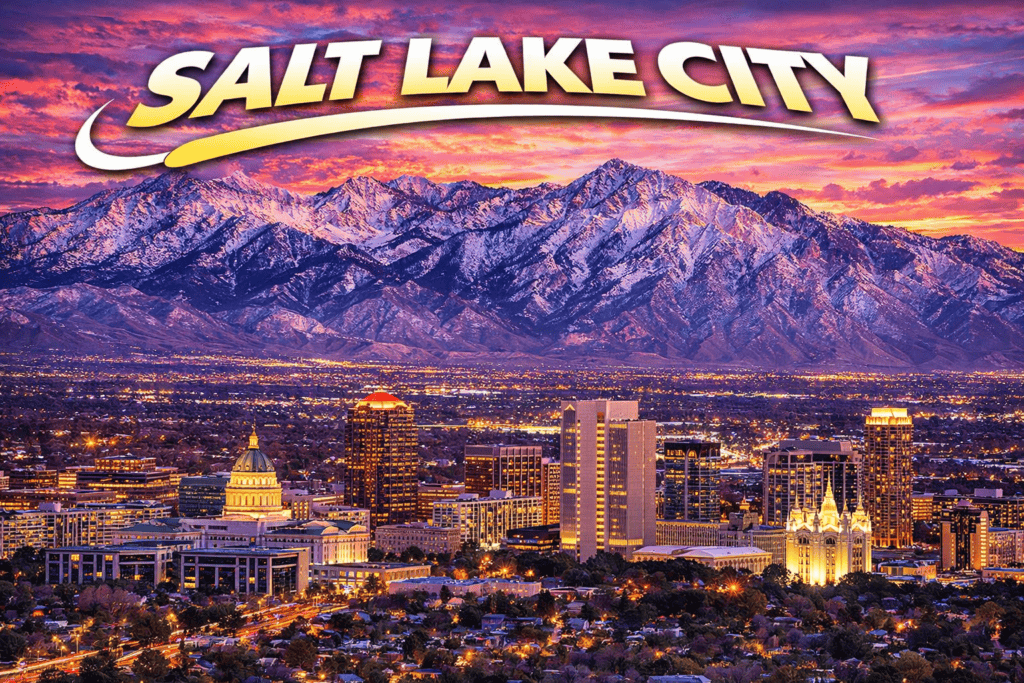 Salt Lake City skyline at sunset with mountains and golden sky for cheap flights travel page