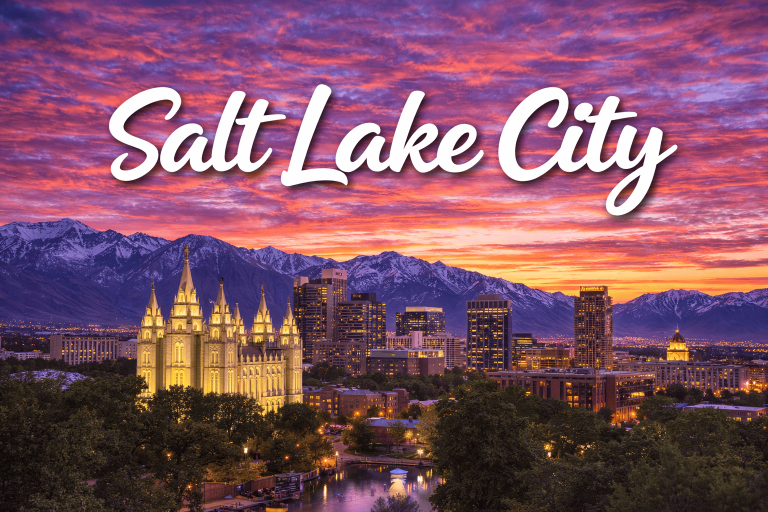 Salt Lake City Utah skyline with Wasatch Mountains at sunset destination banner for cheap flights to Salt Lake City