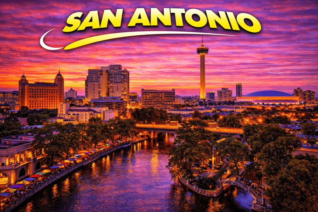 Skyline of San Antonio at sunset with riverwalk and golden sky for cheap flights travel page