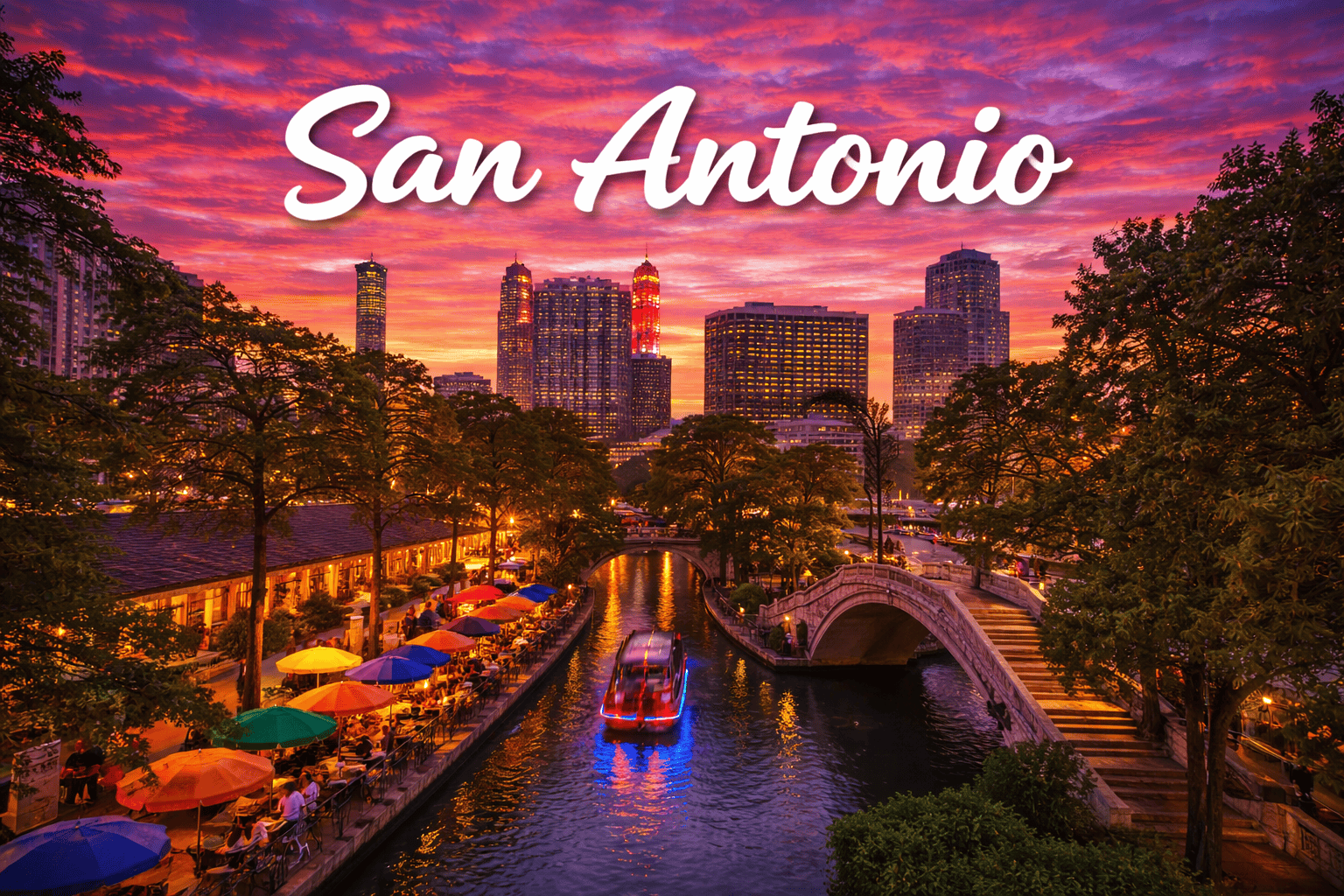San Antonio Texas River Walk and skyline at sunset destination banner for cheap flights to San Antonio