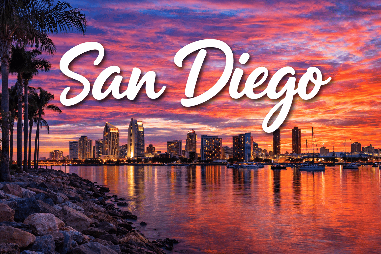 San Diego California waterfront skyline at sunset destination banner for cheap flights to San Diego