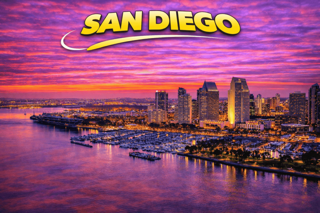Skyline of San Diego at sunset with ocean views and golden sky for cheap flights travel page