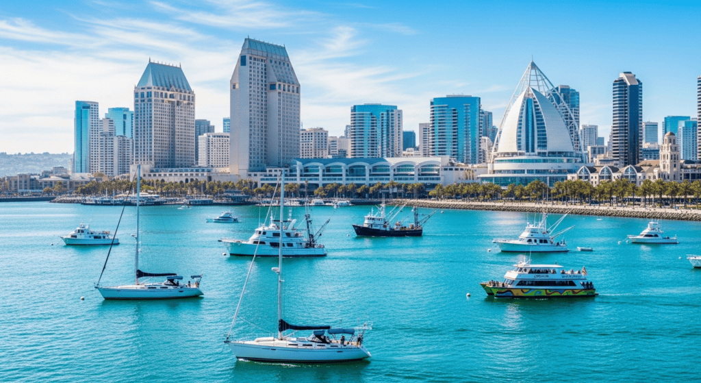 San Diego waterfront skyline and harbor travel photo for cheap flights guide