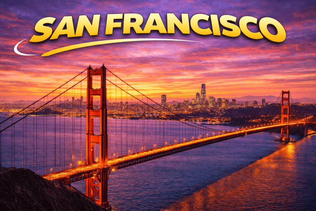 Skyline of San Francisco at sunset with golden sky and bay views for cheap flights travel page