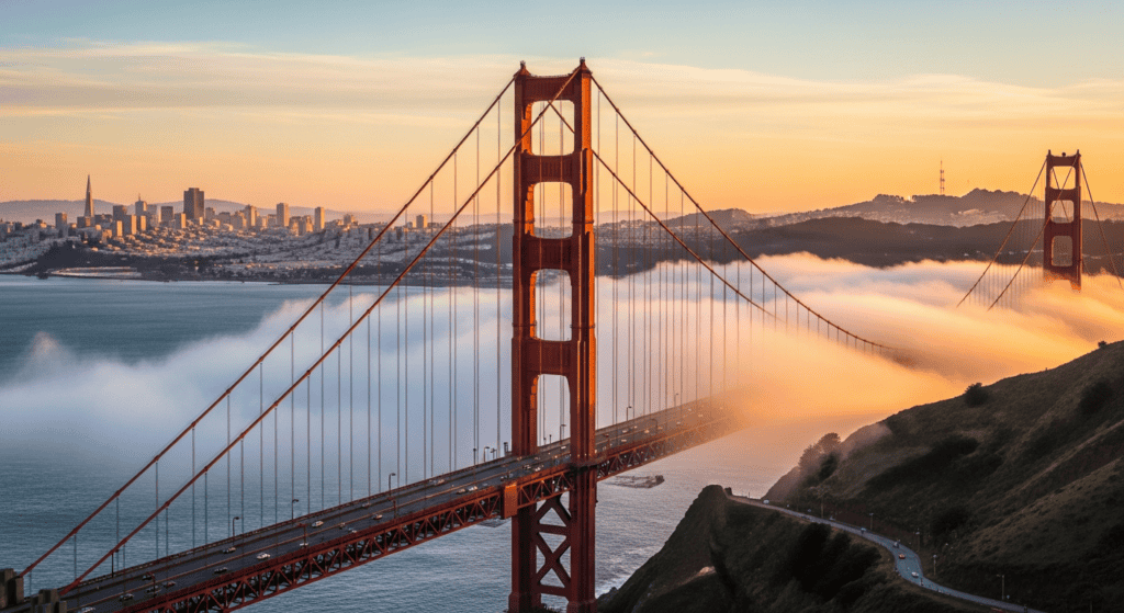 Golden Gate Bridge and San Francisco skyline travel photo for cheap flights guide