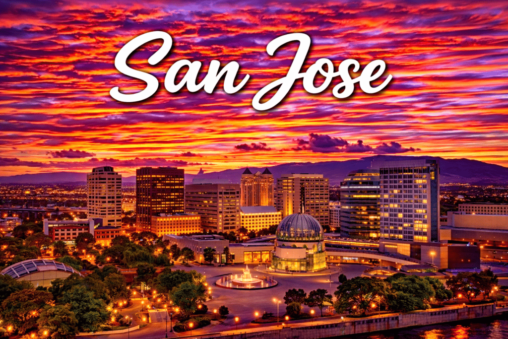 San Jose California skyline at sunset with city lights and mountains