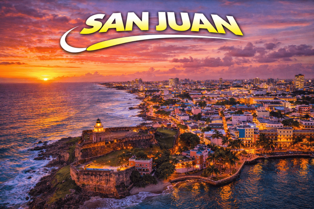 San Juan coastline and historic skyline at sunset with golden sky for cheap flights travel page