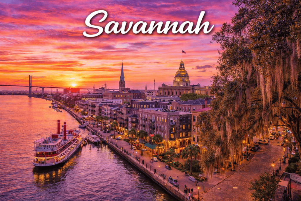 Savannah Georgia riverfront at sunset with historic buildings and riverboat
