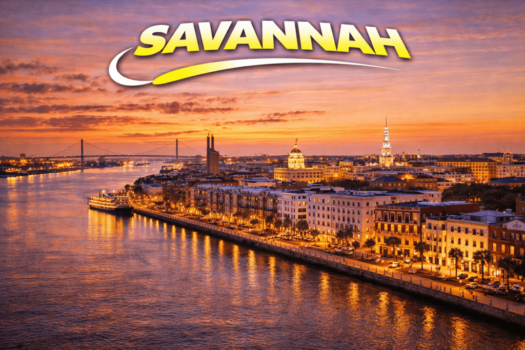 Savannah riverfront at sunset with golden sky and city lights for cheap flights travel page