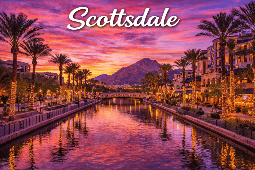 Scottsdale Arizona canal lined with palm trees and city lights at sunset
