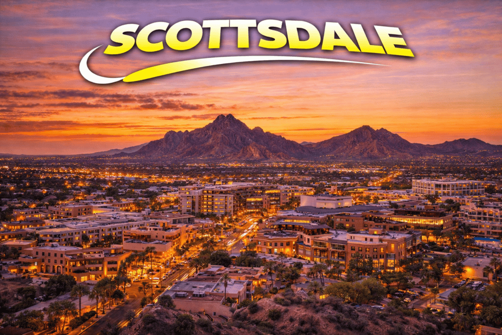Scottsdale skyline at sunset with desert mountains and golden sky for cheap flights travel page