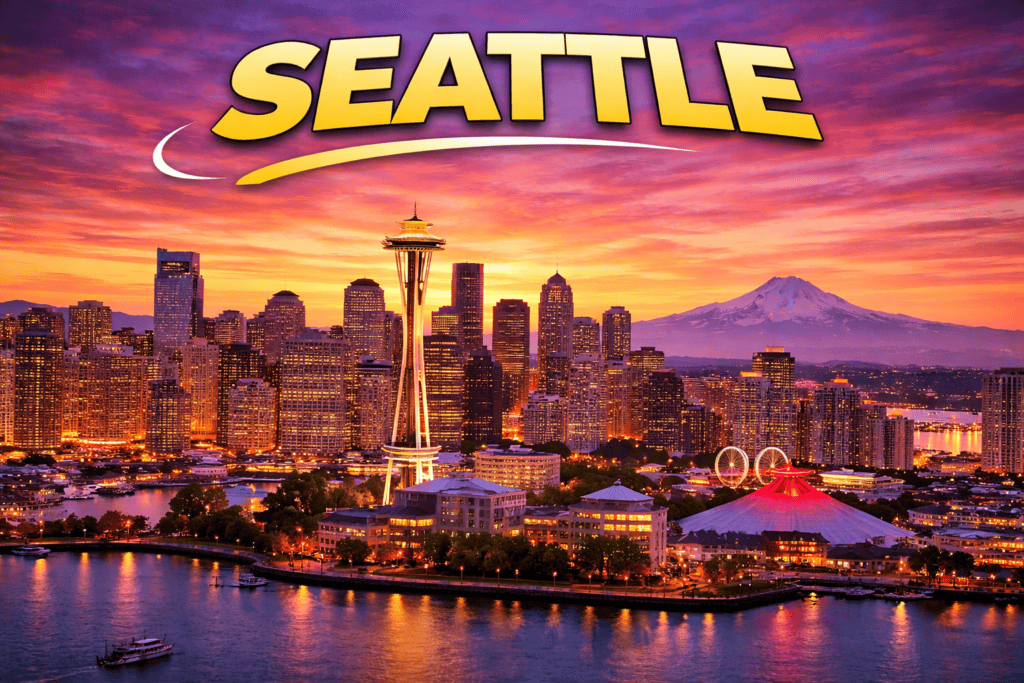 Skyline of Denver at sunset with mountains and golden sky for cheap flights travel page