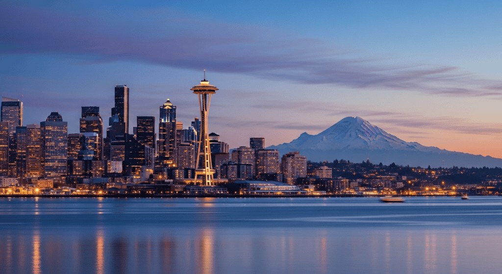 Seattle skyline with Space Needle travel photo for cheap flights guide