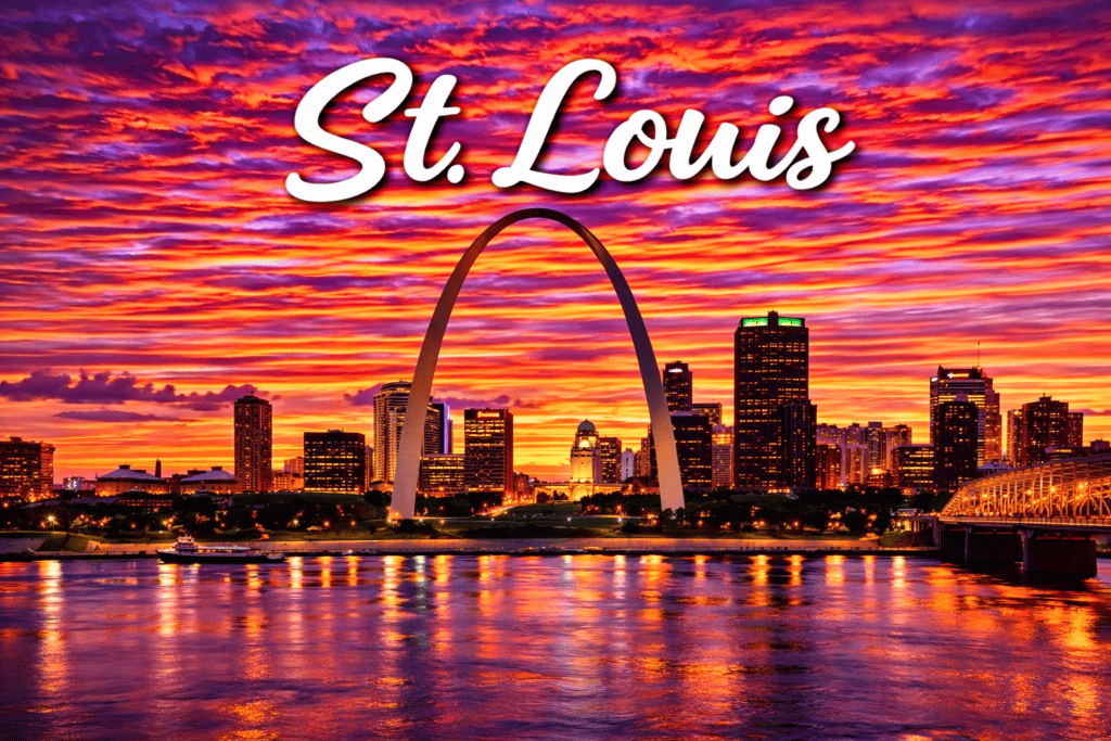 St Louis Missouri Gateway Arch and skyline at sunset over the river