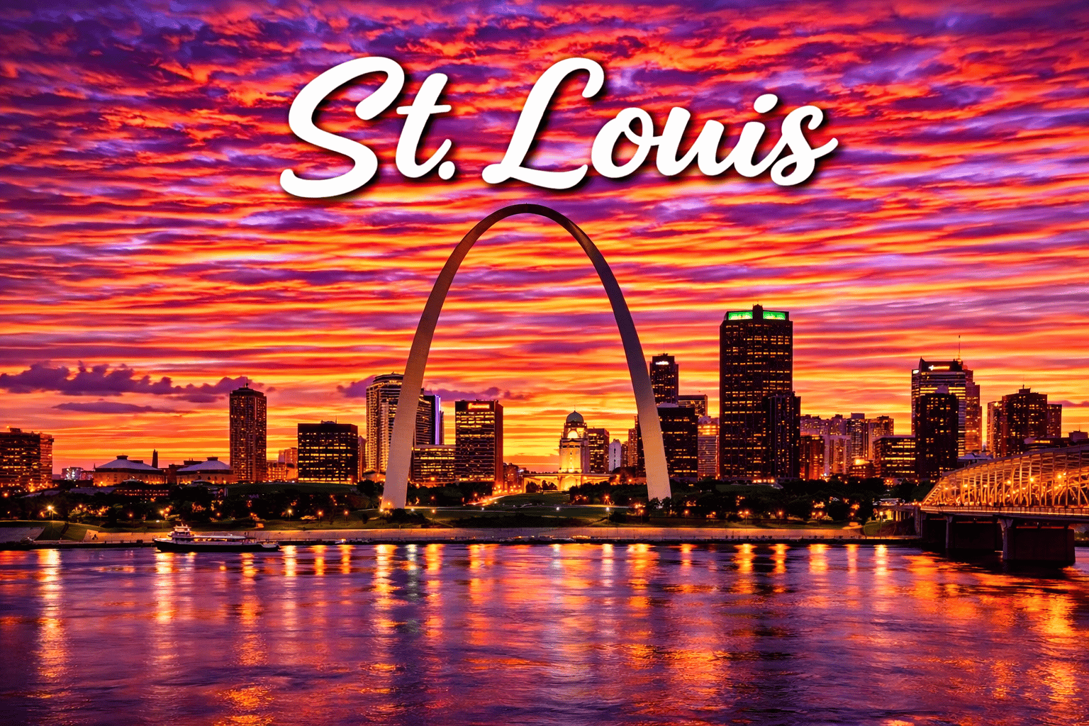 St Louis Missouri Gateway Arch and skyline at sunset over the river