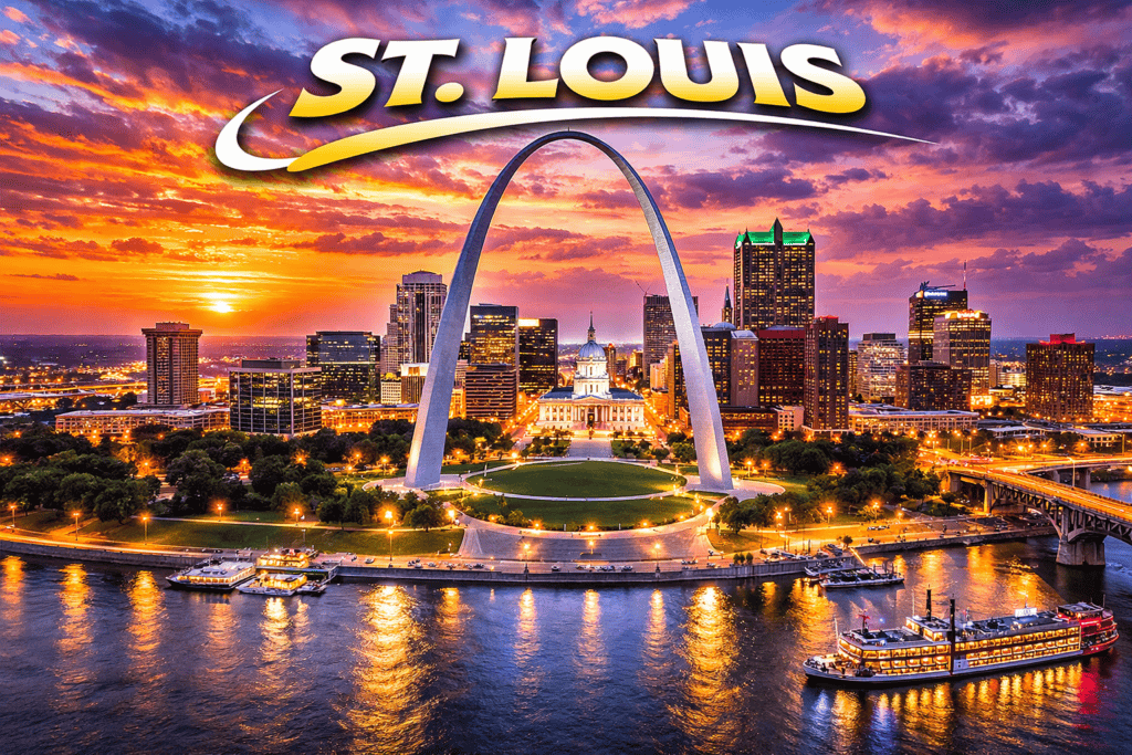St Louis skyline with Gateway Arch at sunset and golden sky for cheap flights travel page