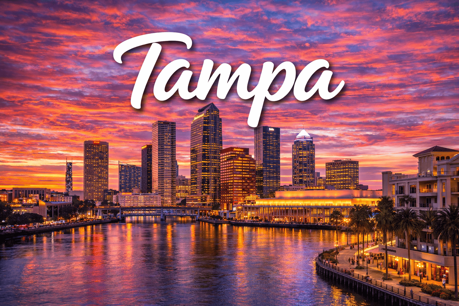 Tampa Florida waterfront skyline at sunset destination banner for cheap flights to Tampa