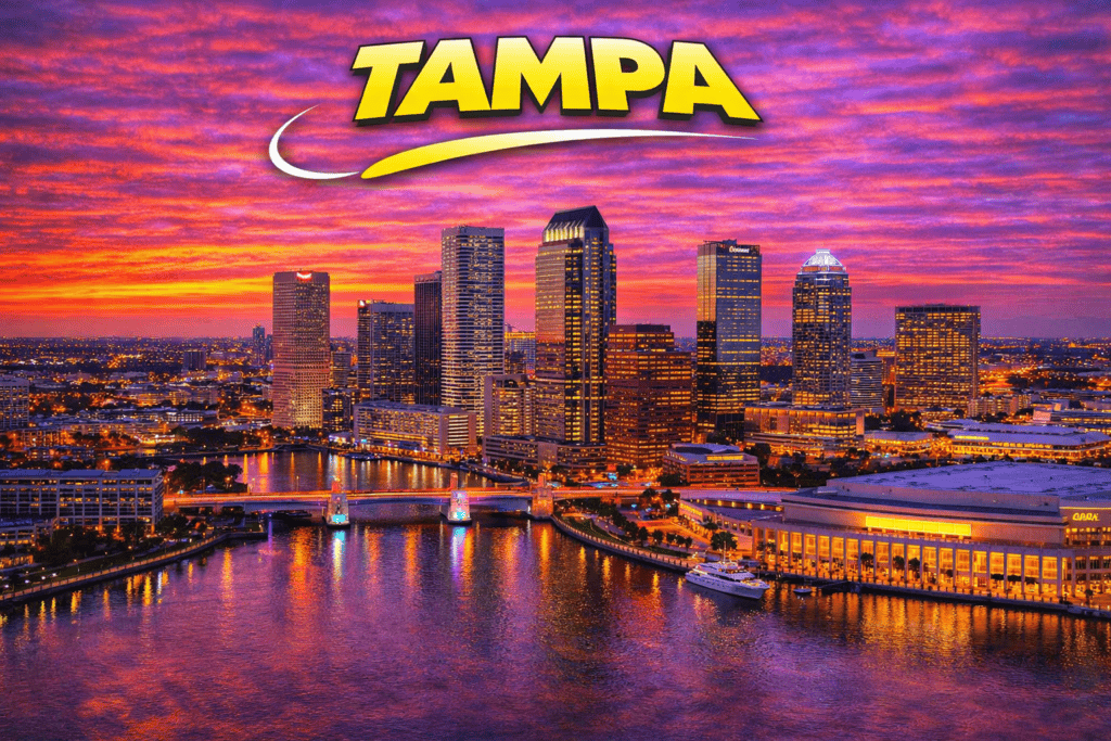 Skyline of Tampa at sunset with waterfront views and golden sky for cheap flights travel page