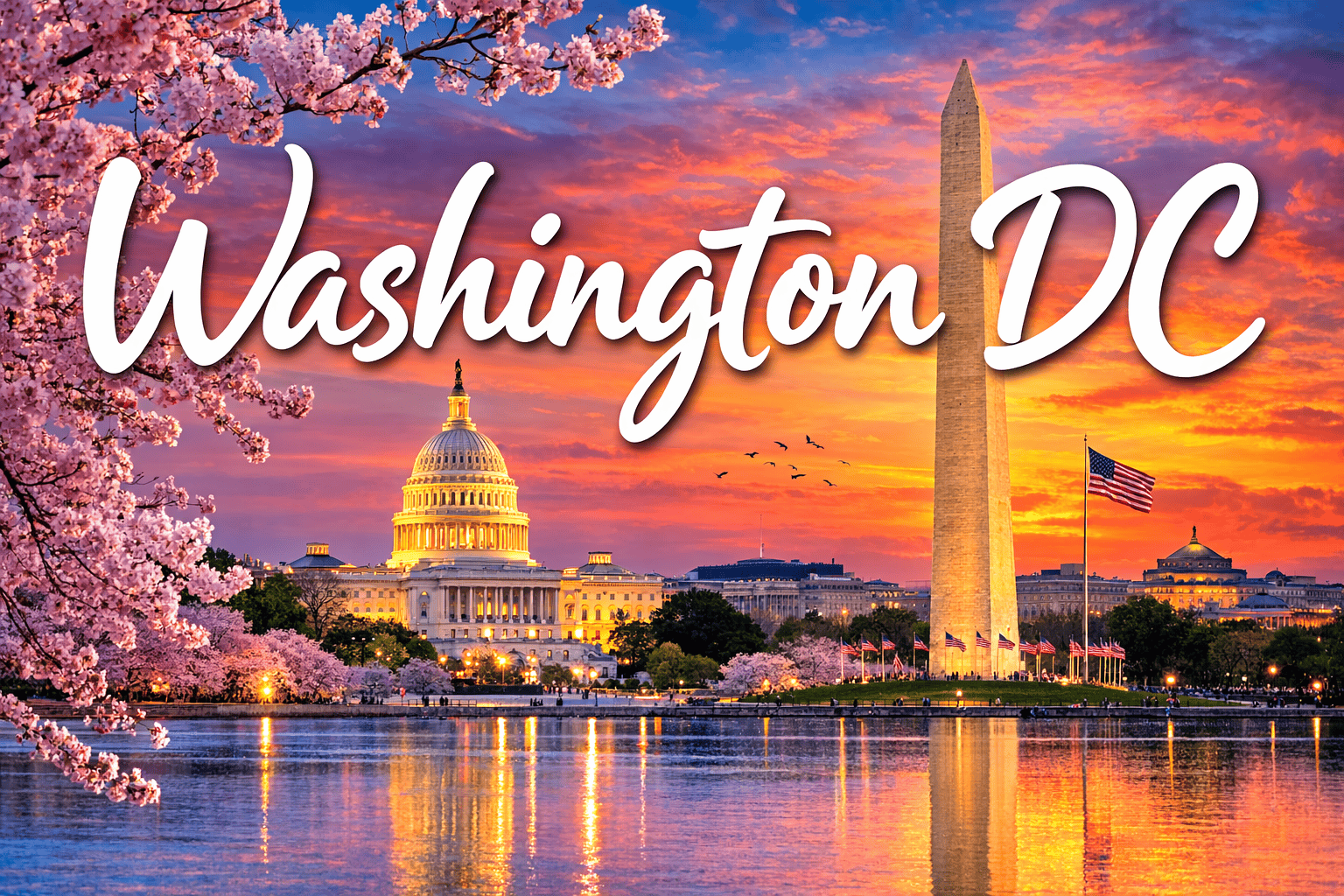 Washington DC skyline and monuments at sunset travel destination banner for cheap flights to Washington DC