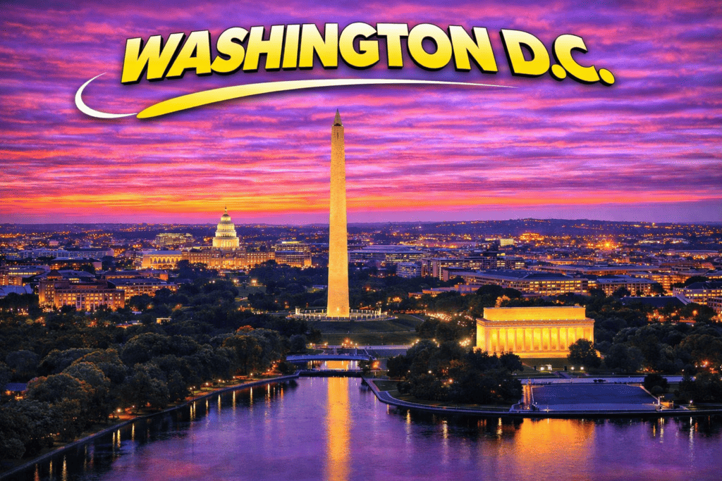 Washington DC skyline at sunset with monuments and golden sky for cheap flights travel page