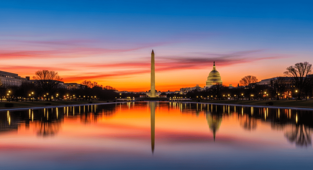 Washington DC skyline with Capitol and Washington Monument travel photo for cheap flights guide