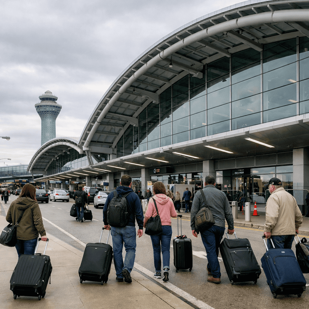 Chicago O’Hare International Airport terminal exterior with travelers and luggage at ORD