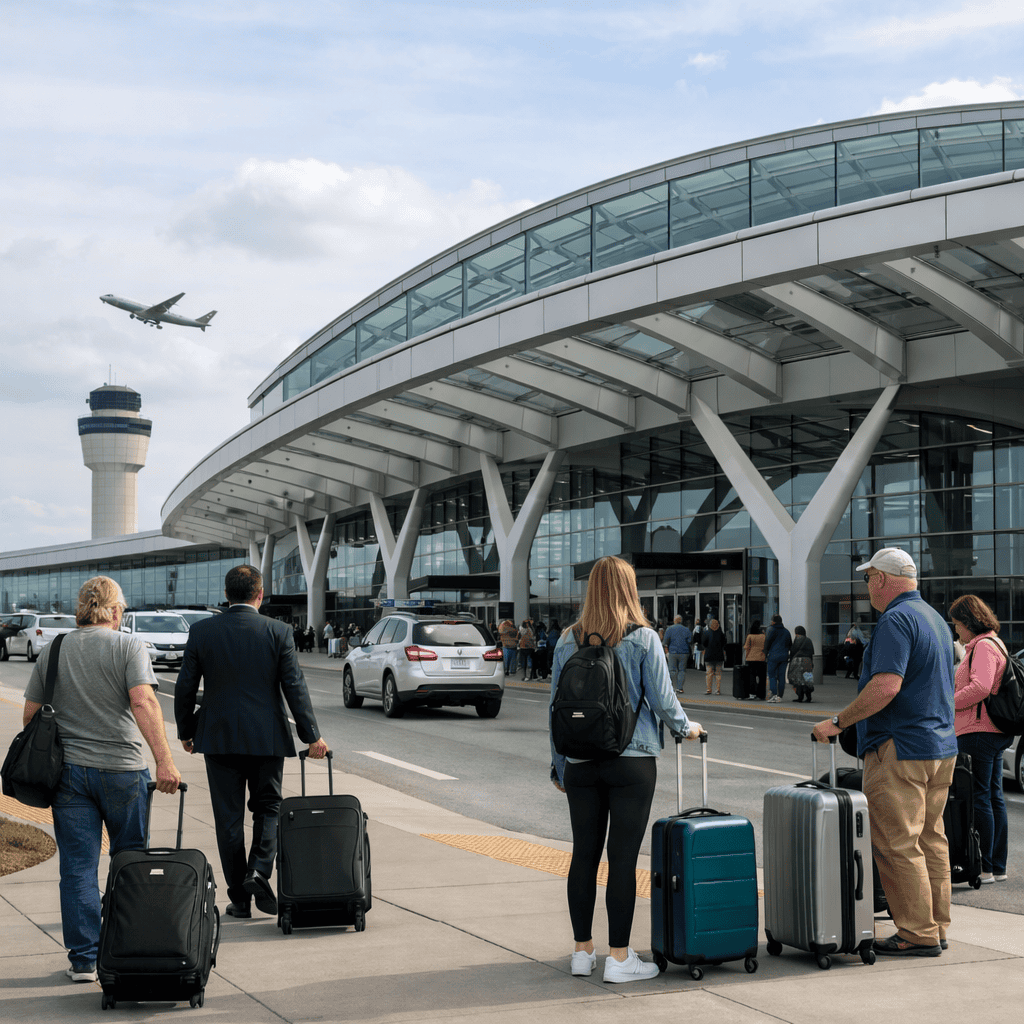 Cincinnati Northern Kentucky International Airport terminal exterior with travelers and luggage at CVG