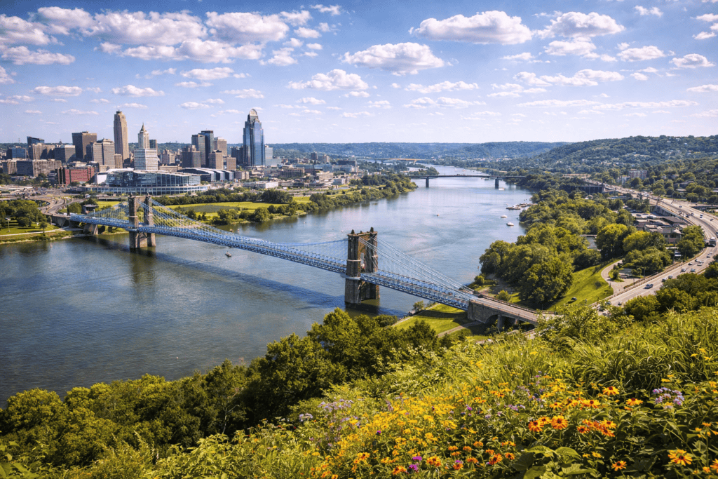 Cincinnati riverfront park with people walking near bridges and skyline