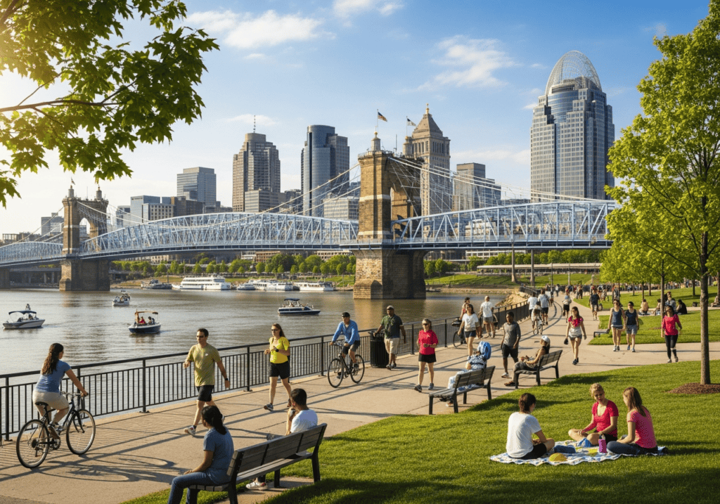 Cincinnati riverfront park with people walking near bridges and skyline