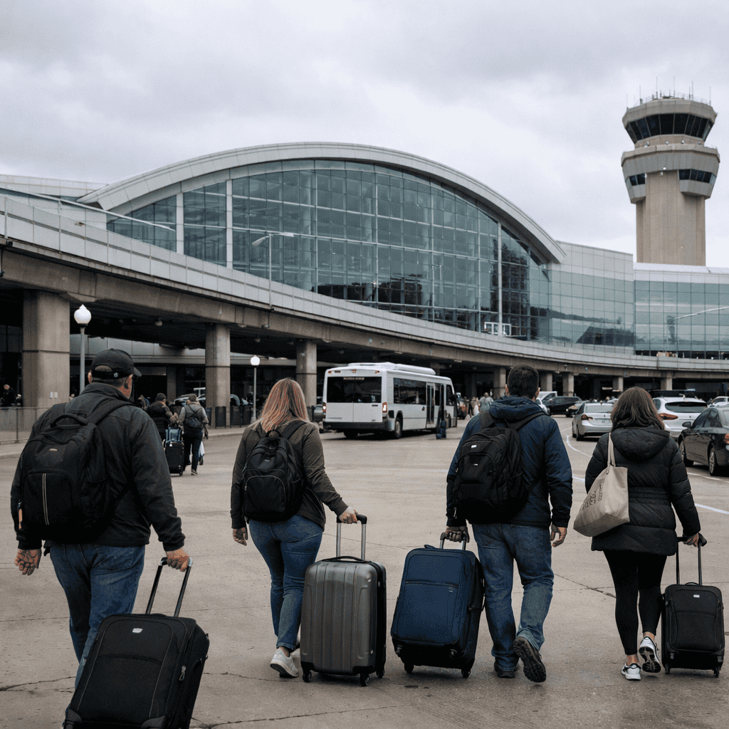 Cleveland Hopkins International Airport terminal exterior with travelers and luggage at CLE