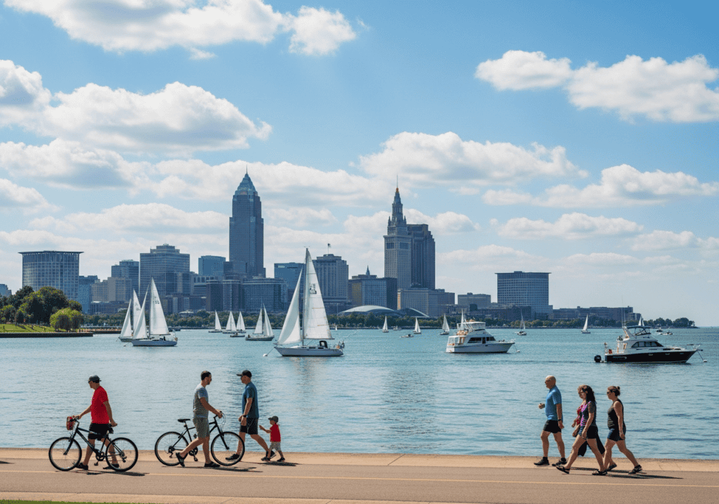 Cleveland lakefront with people walking near water and skyline views