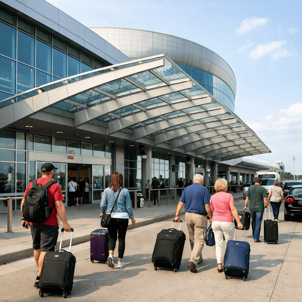 John Glenn Columbus International Airport terminal exterior with travelers and luggage at CMH