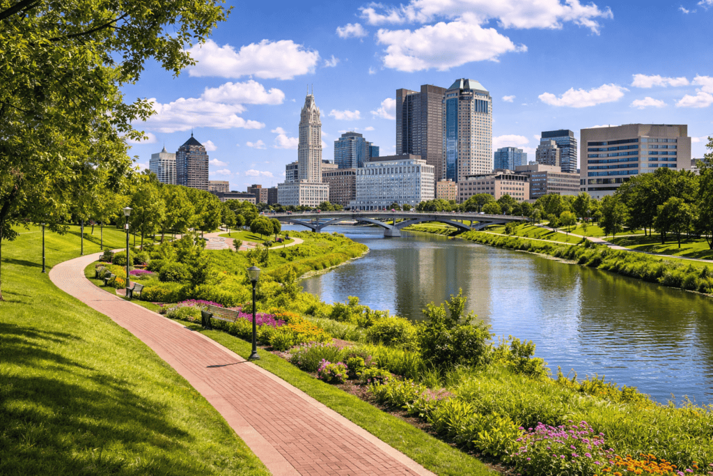 Columbus Ohio riverfront park with green space and walking paths